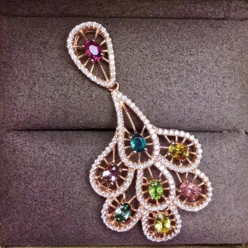 Natural Multicolor tourmaline Pendant natural gemstone Phoenix tai fan pendant necklace S925 silver personality Women jewelery