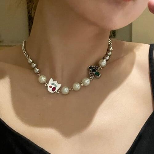 Halloween Ghost Necklaces Scary Creative Pearl Crystals Cactus Pendant Short Clavicle Chain For Women Accessories Wholesale