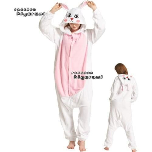 Rabbits Onesie Pink White Polar Fleece Animal Pajama Carnival Holiday Cospaly Bunny Winter Sleepwear Raccoon Kigurumi
