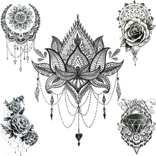 Fake Jewelry Temporary Tattoo For Women Mehndi Mandala Henna Rose Flower Tattoos Sticker Geometric Diamond Pendants Tatoos Chest