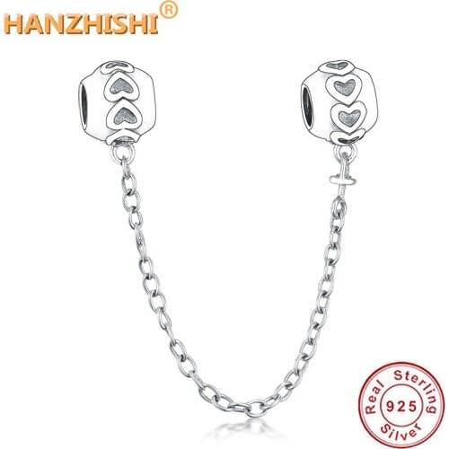 Fits Original European Charms Bracelets DIY Jewelry New Fashion 925 Sterling Silver Band of Hearts Safety Chain Beads Charm