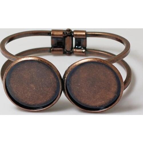 Blank Cuff Bangle Findings with Double 20mm Round Smooth Bezel Cabochons Bases Spring Bangle DIY Settings Antique Copper tone