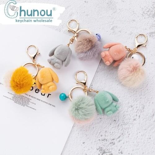 Luxury Pompom Fur Plush Rabbit Car Keychain For Women Purse Key Chain Bag Charm Women Trinket Key Accessories Airpods Keyrings