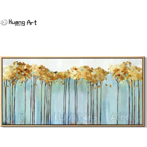 Handmade Gold Rich Tree Landscape Oil Painting on Canvas for Room Decor Hand Painted Beautiful Sky Blue Abstract Wall Painting