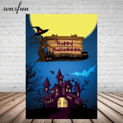 Sensfun Scary Backdrop Halloween Backdrop Moon Castle Dead Tree Bat Photography Backgrounds For Photo Studio 5x7ft Vinyl