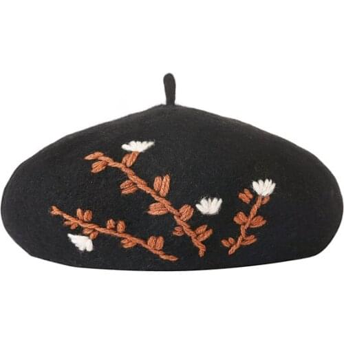 Embroidered Flower Wool Beret Korean Autumn Winter Hats For Women Ladies Painter Cap Vintage Bonnet Beanie Chapeau Femme