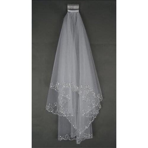 Elbow Beaded Edge Pearl Sequins Wedding Bridal Veil with Comb 2021