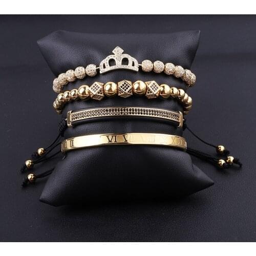High Quality New Design Fashion CZ Pave Crown Charm Stainless Steel Roman Bangle Luxury Bracelet Set Women