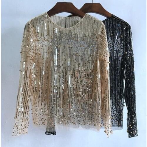 Women Perspective Mesh Lace Blouse Tops Long Sleeve Spring Summer Fashion Beaded Sequins Tops Blusas 2Colors