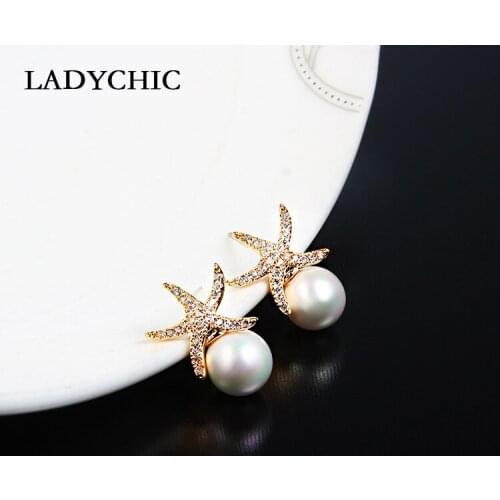 LADYCHIC Starfish Earrings with Gold & Silver Color Clear CZ Pearl Stud Earrings for Women Fashion Jewelry Gift brincos LE1313