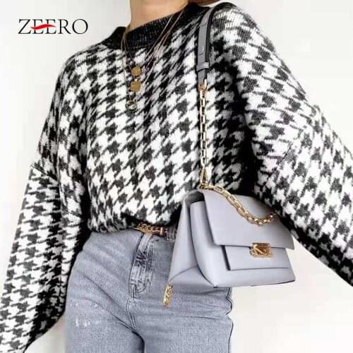 Casual Houndstooth Women Winter Pullover Sweater Female 2021 Autumn Retro Jumper Ladies Geometric Blue Crop Knitted Tops Femme