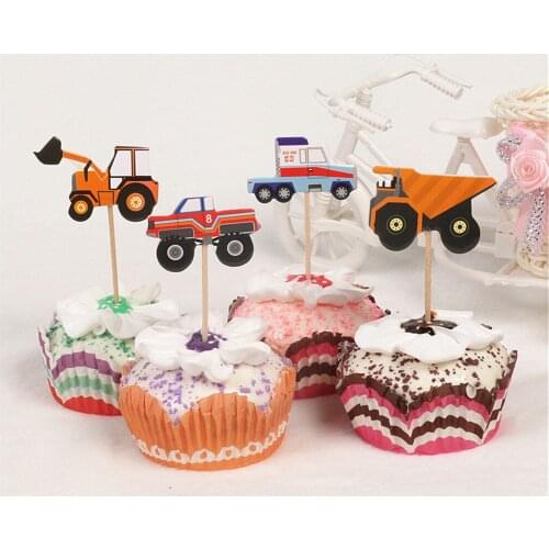 24Pcs Child Boy Birthday Party Cartoon Car Truck Excavators Cupcake Toppers Pick Wedding Cake Flag Decoration Supplies Gift