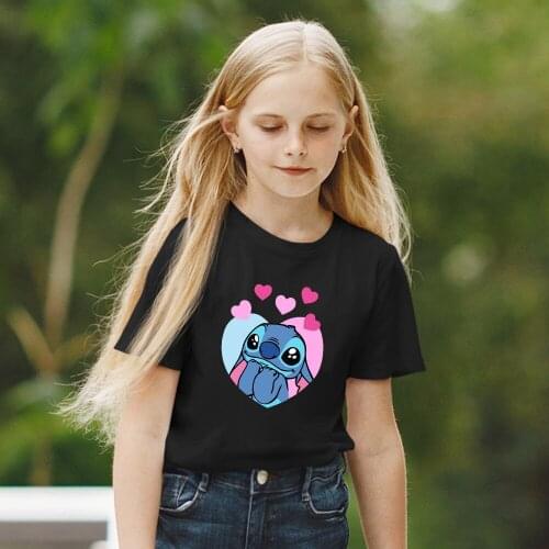 Disney Dropship Children T-shirts Kawaii Stitch Pattern Fashion Outdoor Korean Style Print Harajuku Black White T Shirts o-Neck