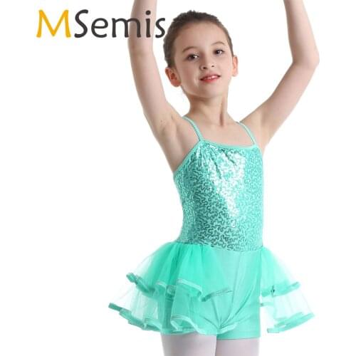 Kids Girls Gymnastic Swimsuit Ballet Leotard Dress Spaghetti Straps Shiny Sequins Tiered Mesh Dance Costume Leotard Jumpsuit
