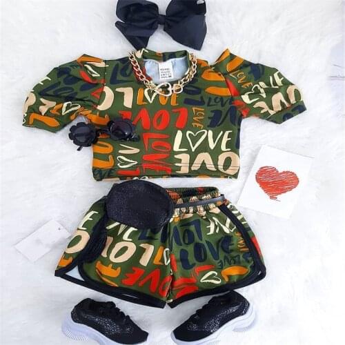 FOCUSNORM Valentines Day 1-6Y Summer Fashion Kids Girls Clothes Sets LOVE Letter Print Puff Sleeve T Shirts Shorts 2pcs