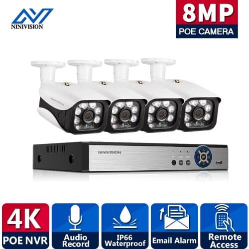 NINIVISION 8MP HD POE IP Camera Set Security Bullet System 4K H.265 4CH NVR Audio Record Outdoor Video Surveillance Kits