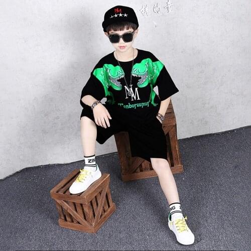 Short-Sleeved Boys' Suits Clothes Workout Tops Sweatpants Set Big Childrens Dinosaurs Creative Leisure Kids Two-Piece Wholesale