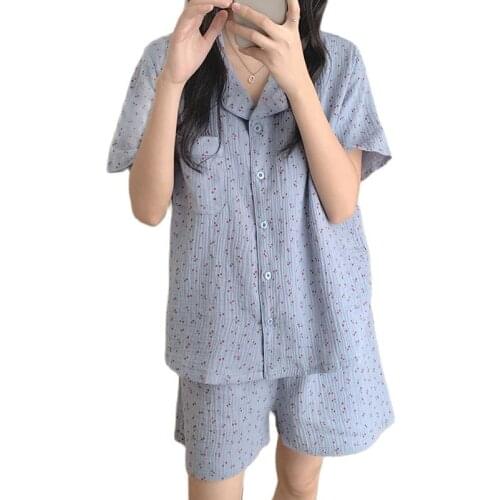 Summer Female Korean Cherry Print Button Pyjamas Suit Loose Gym Pajama Sleep Tops Sleepwear Kawaii Sexy Lounge Wear Casual Women