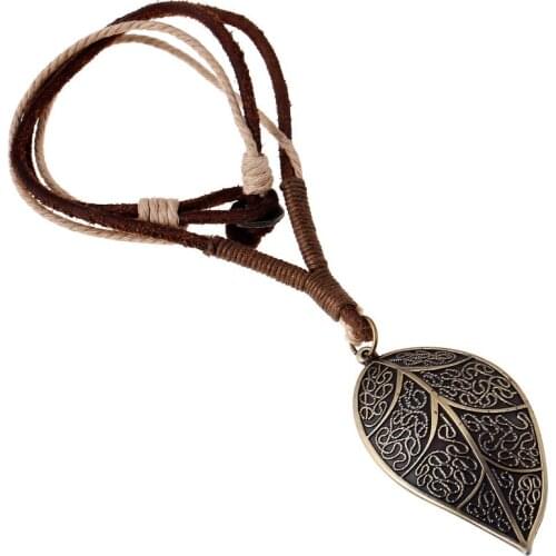 Fashion Vintage Retro Long Leather Necklace Metal Bronze Leaf Pendant Brown Leather Rope Chain Hiphop Charm for Women Unisex Men Punk Jewelry Gift