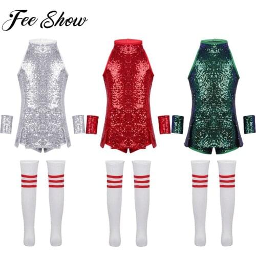 Fashion Child Girls Hip-hop Jazz Stage Dance Costume Street Dancing Shiny Sequins Tank Top with Shorts Socks Set Kids Dance Wear