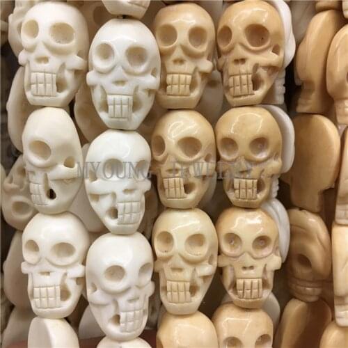 MY0763 30x20mm Skull Carved Bone Beads,Skull Head Shape Drilled Beads,OX Bone Beads 15" Strand About 13Pcs/lot
