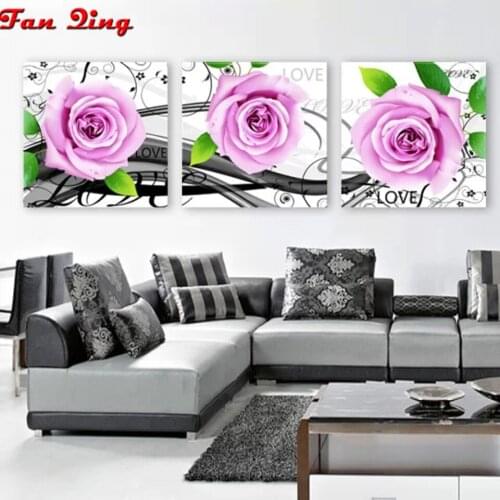 3pcs Pink rose flowers Diamond Painting Round Square Full Drill DIY Mosaic Embroidery 5D Cross Stitch home decoration gift