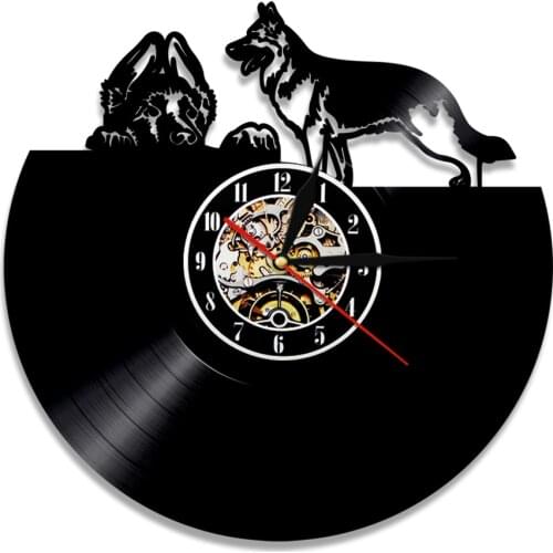 Dog Friends Vinyl Record Wall Clock Silent Movement For Living Room German Shepherd Dog Puppy Pet Music Album Home Decor Watch