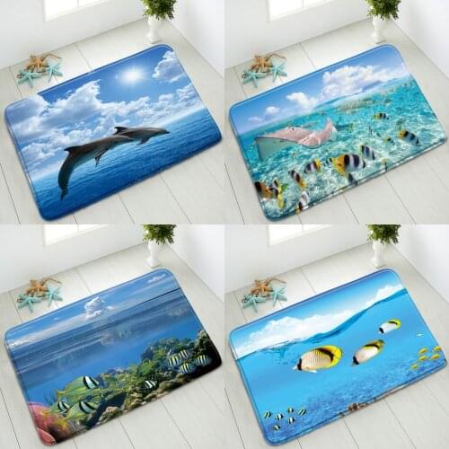 Ocean Animals Non-Slip Bathroom Mat Dolphin Shark Fish Underwater World Bedroom Kitchen Doormat Rug Floor Mats Absorbent Carpet