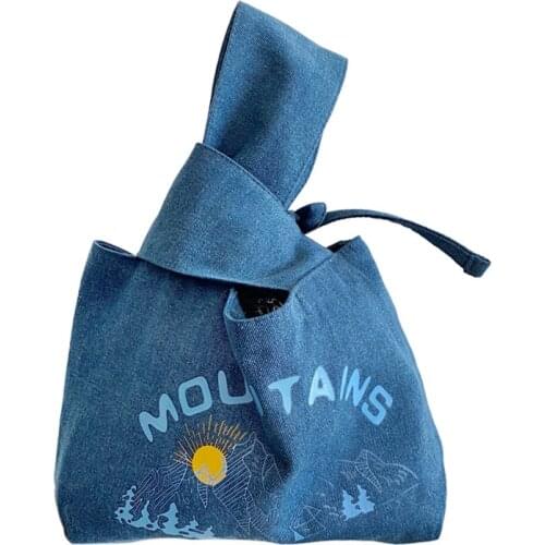 New Denim Wrist Bag Japan Style Lunch Bag Portable Picnic Food Bags Women Simple Small Tote Korean Style Children Lunch Pouch