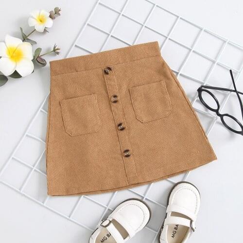 2021 New Autumn Childrens Clothes Solid Color Mini Skirt For Girls Cute Fashion Corduroy Breasted Pocket Short Skirt