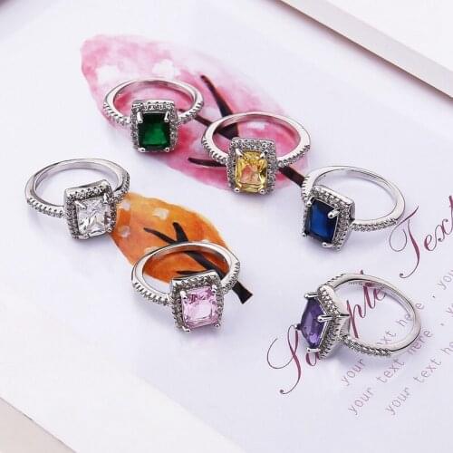 New Style White/Yellow/Purple/Blue/Green/Pink Square Crystal Zircon Ring for Women Trend Colorful Wedding Ring Fashion Jewelry