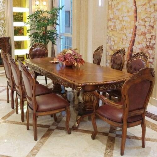 European style solid wood dining table and chair combination American style classical carved telescopic rectangular dining table