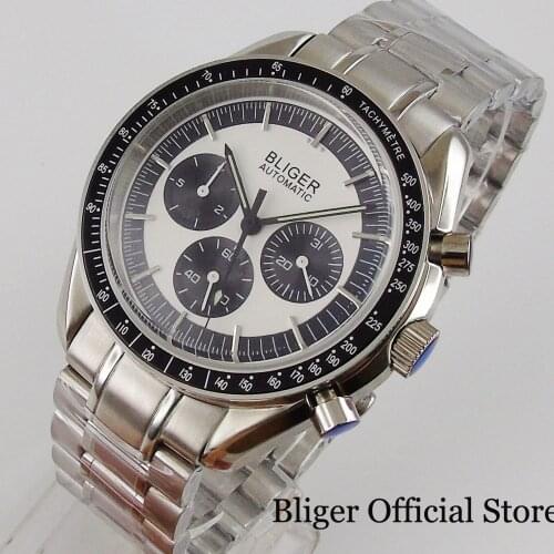 BLIGER Simple Three-Eyed Mechanical Men Watch Date Week DG Movement Stainless Steel Strap Mineral Glass