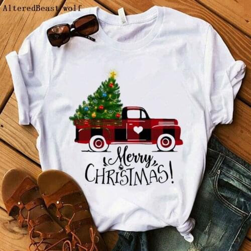 Merry Christmas t shirt Women fashion white clothes print plaid truck christmas t shirt female harajuku short sleeve vogue tops