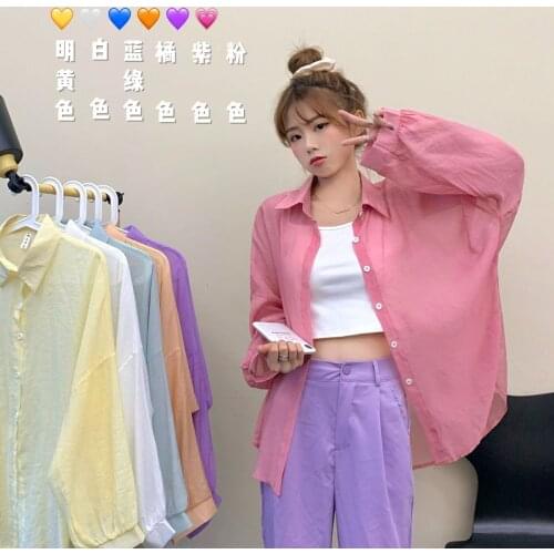 Shirts Women Candy Color Korean Style Loose Womens Transparent Thin Outerwear Summer Chic Ins Sweet Blouses Tunic Tops Popular