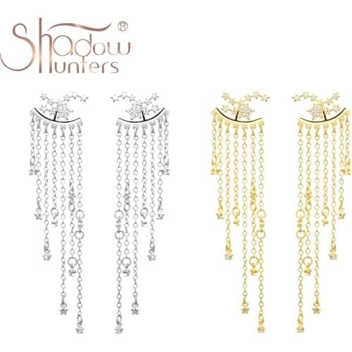 SHADOWHUNTERS 100% 925 Sterling Silver Women Tassels Drop Earrings Row Stars Earrings With Clear Zircon Statement Women Jewelry