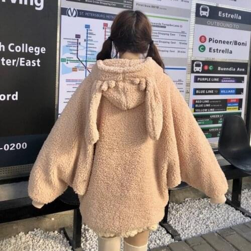 Kawaii lovely Velvet Long Sleeve Hooded Plush Coat Cartoon Anime Warm lady Winter Sweatshirt Casual Oversized Rabbit Hoodie Girl