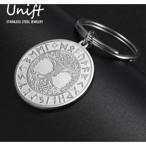 Unift Vintage Rune Tree of Life Car Keychain Stainless Steel Amulet Silver Color Keyring Mens and Womens Jewelry Accessories
