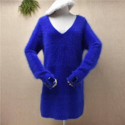 Ladies women fashion beading hairy plush mink cashmere knitted v-neck slim blouses pullover angora fur jumper sweater pull dress