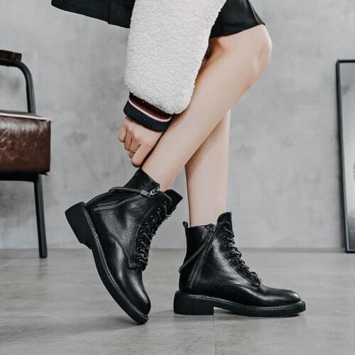 Perixir Ankle Boots Women Genuine Leather Autumn Short Plush Round Toe Lace-Up Thick Bottom Black Cool Girl Booties 2020 New