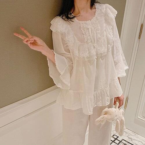 Women Pajamas Set For Spring Summer Pyjamas Suit Korean Sweet Princess Long Sleeve Lovely Lace Sweet Homewear Sleepwear Big Size