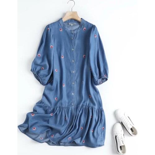 Floral Embroidered Denim Dress Women Blue Spring Summer Lantern Sleeve pleated ruffled dress casual Jeans Shirt Dress vestidos