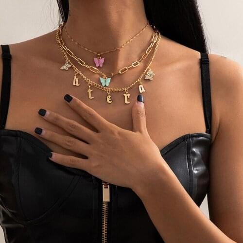 TIMEONLY Multi Layering Pink Green Butterfly Letter Pendant Necklace for Women Lady Hollow Chunky Chain Shiny Crystal for Women