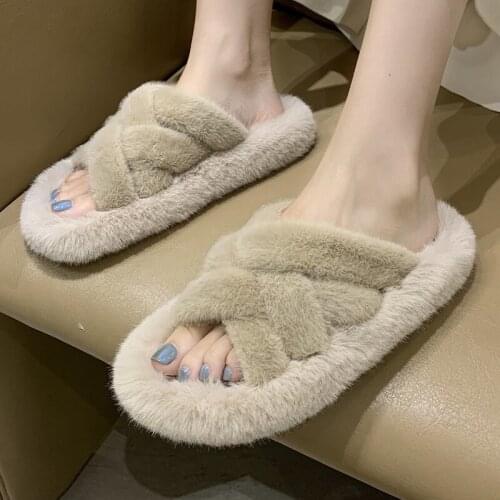 Winter Home Women Fur Slippers Trend Weave Faux Fur Ladies Mules Slides Plush Warm Bedroom Flats Women Furry Slippers Drop Ship