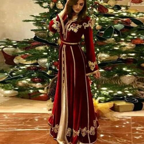 Eightale Moroccan Kaftan Aarabic Evening Dresses Dubai Velvet Burgundy Prom Dress With Gold Lace Muslim Party Gown 2020