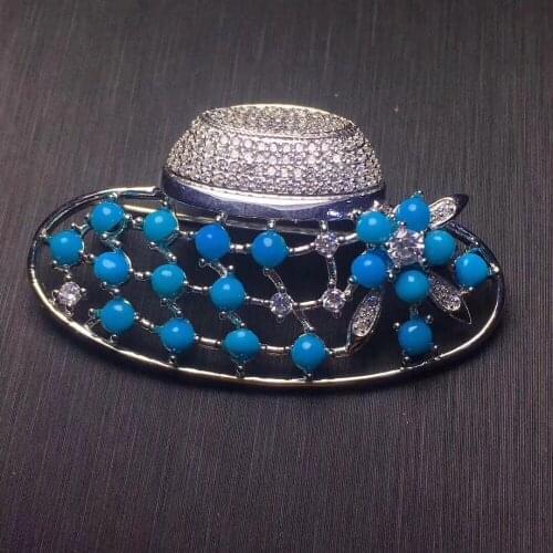 Turquoise brooch Free shipping Natural real Turquoise 925 sterling silver brooch