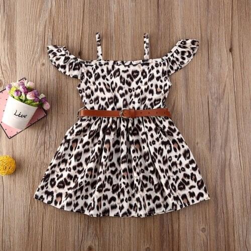 Infant Baby Girls Dress+Belt Leopard Print Off Shoulder Knee Length A-Line Dress 1-6Y Childrens Clothing Girls Casual Dresses