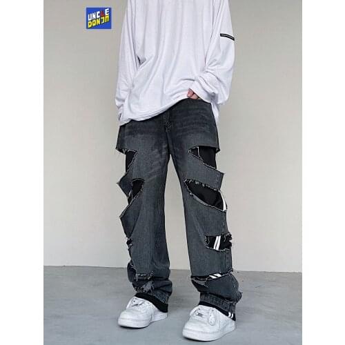 UNCLEDONJM patchwork jeans men designer jeans for men Distressed hip hop jeans baggy jeans women ripped jeans for men ED982