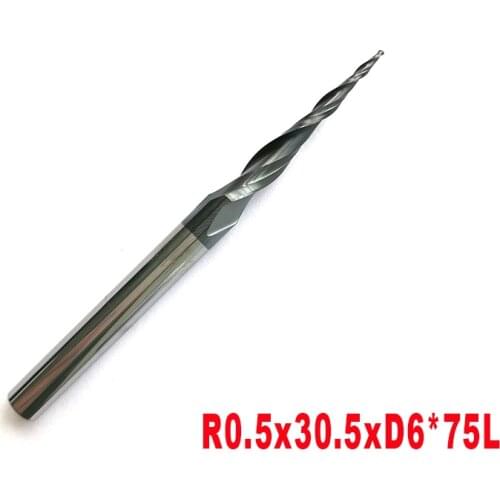1pc R0.5*D6*30.5*75L*2F HRC55 Tungsten solid carbide Coated Tapered Ball Nose End Mills CNC milling cutters