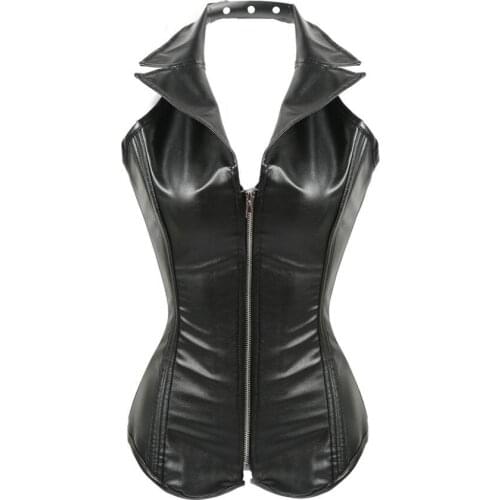 Explosion High Quality PU Leather Corset Ladies Zipper Halter Lace Up Back Body Sculpting Top Steel Bone Palace Overbust Corset